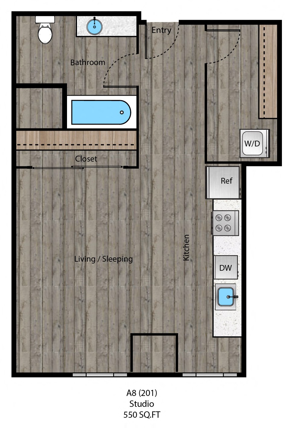Floor plan for studio, 1 bath, 550 sqft